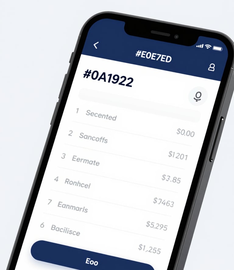 A professional close-up of a mobile device displaying a list of financial records with clean typography and intuitive navigation, using a palette of #0A192F and #E0E7ED, bright and clear studio lighting.