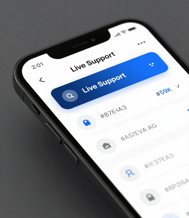 A close-up of a high-resolution smartphone screen showing a clean, user-centric financial dashboard with a 'Live Support' chat window open. The lighting is bright and professional, utilizing the brand colors #1F3A60 and #587EA3. The aesthetic is sophisticated and minimalist.
