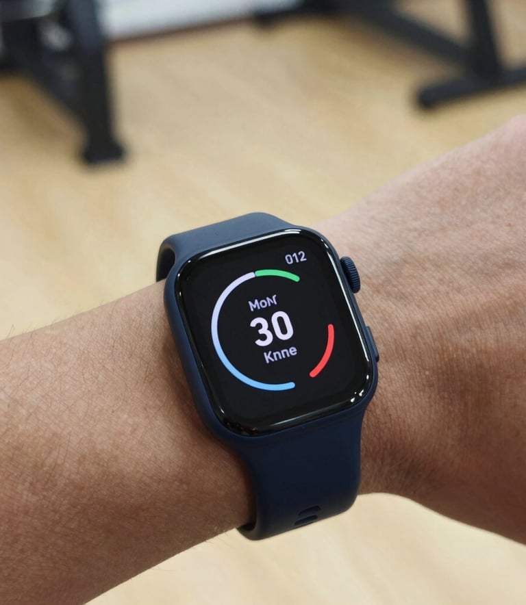 Macro photography of a premium fitness wearable on a wrist showing performance metrics. Deep navy blue and light beige tones in the background, captured in a high-end North American / Canadian gym setting.