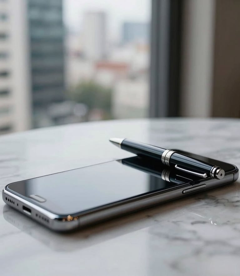 Close-up of a high-end smartphone and a designer pen on a marble desk, a soft-focus business district view through the window, Sul-Americano / Brasileiro urban atmosphere, professional photography.