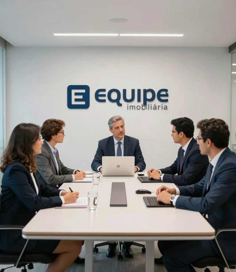 Equipe imobiliária em reunião em um escritório corporativo moderno e iluminado em uma cidade Sul-Americana / Brasileira, estética limpa com cores azul acinzentado e branco.