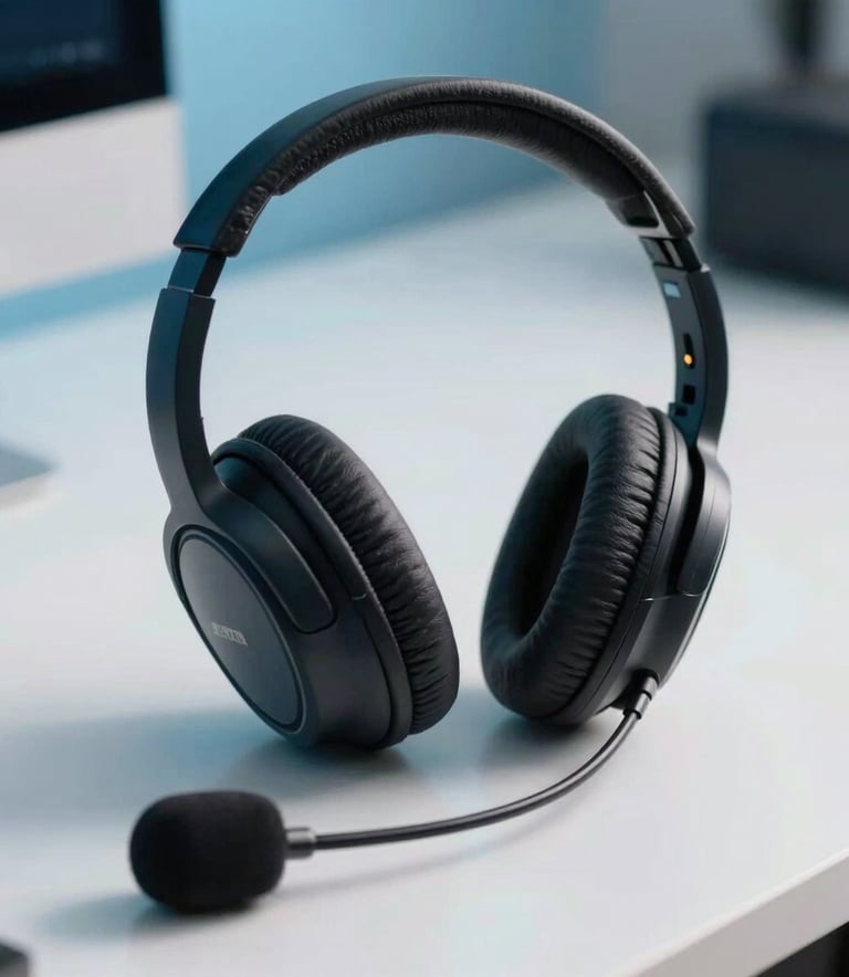 Close-up de um headset profissional de alta qualidade com microfone, descansando sobre uma mesa de escritório moderna com tons de azul acinzentado e branco gelo, ambiente Sul-Americano / Brasileiro, luz natural suave.