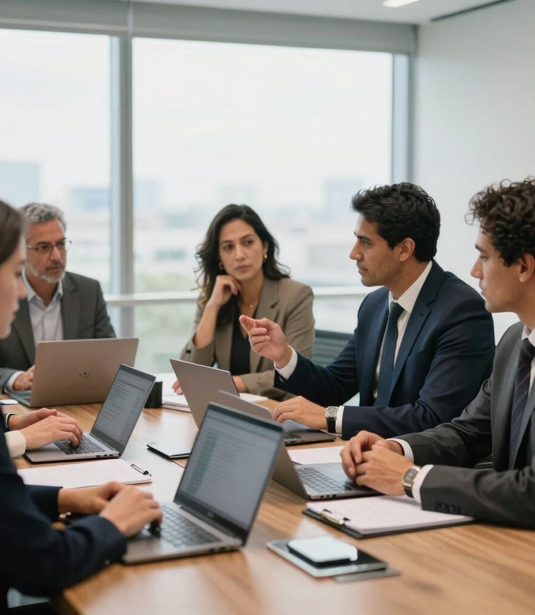A group of professionals in a modern, bright conference room in Brazil, discussing strategy with laptops and notebooks, soft natural lighting, contemporary South American business setting.