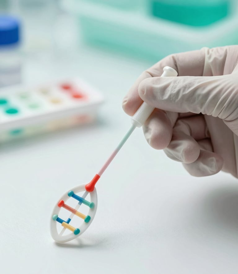 A close-up, high-precision photograph of a sterile DNA collection kit on a clean surface. The scene features a professional gloved hand holding a swab, set against a background of soft teals like #A7D9D3 and clean whites. The lighting is clinical and bright, emphasizing hygiene and reliability.