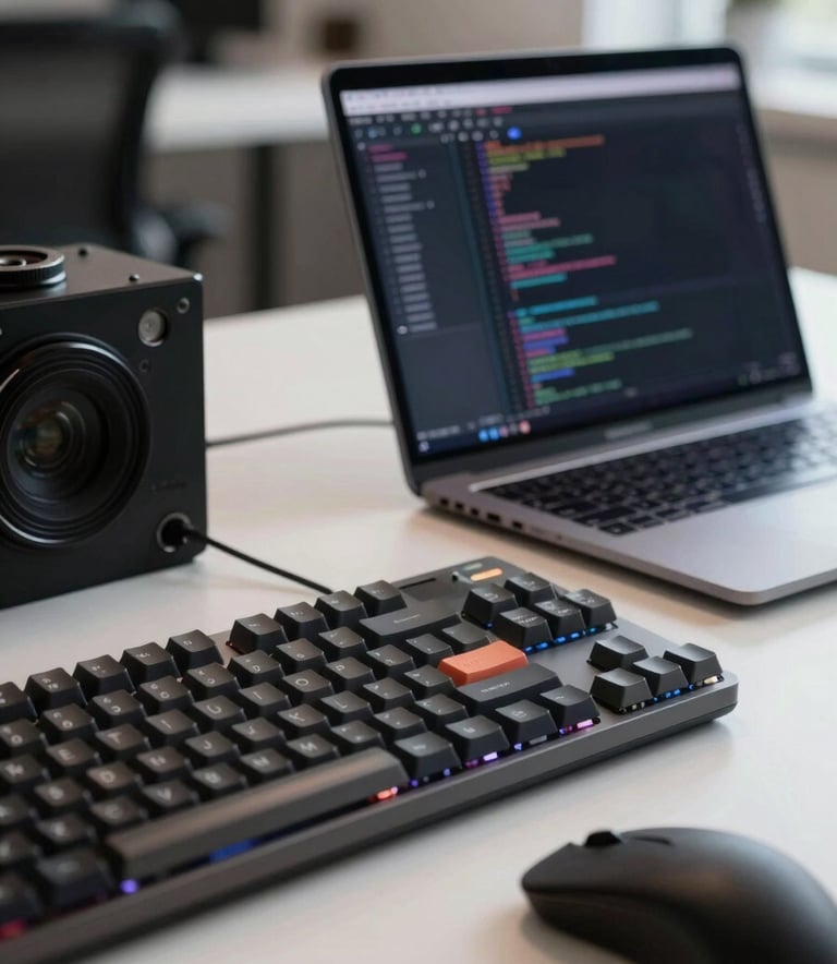 A professional close-up photograph of a programmer's workstation in Northamptonshire. A mechanical keyboard and a mouse sit beside a laptop showing a complex backend script. The background is softly blurred, showing a modern, clean interior. The lighting is sophisticated, emphasizing textures of metal and plastic without a digital sheen.