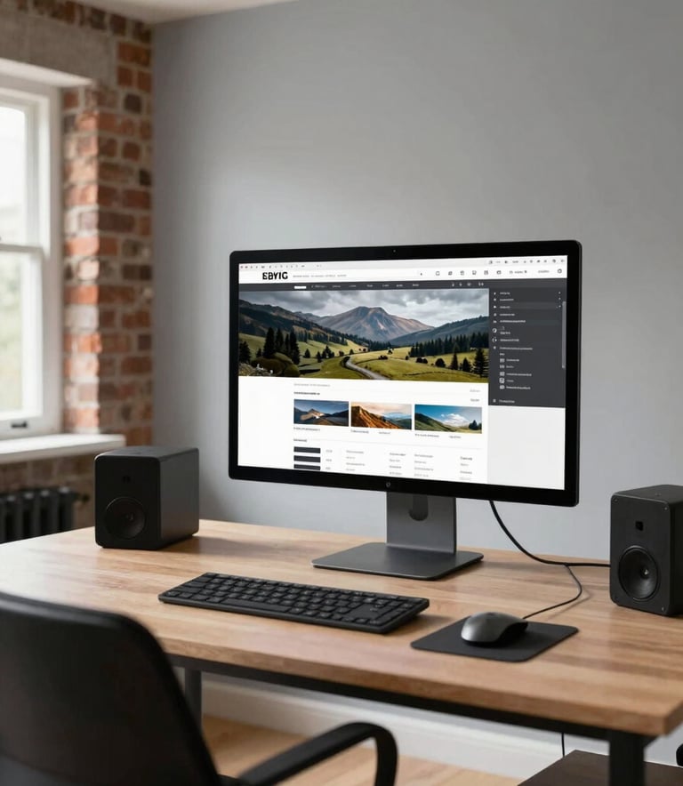 A wide-angle photography shot of a modern, organized studio space in the British countryside. A large monitor displays a website layout in progress. The room features brick accents and pale gray walls. The composition is clean and airy, using natural light to highlight a professional atmosphere. No people in the frame.