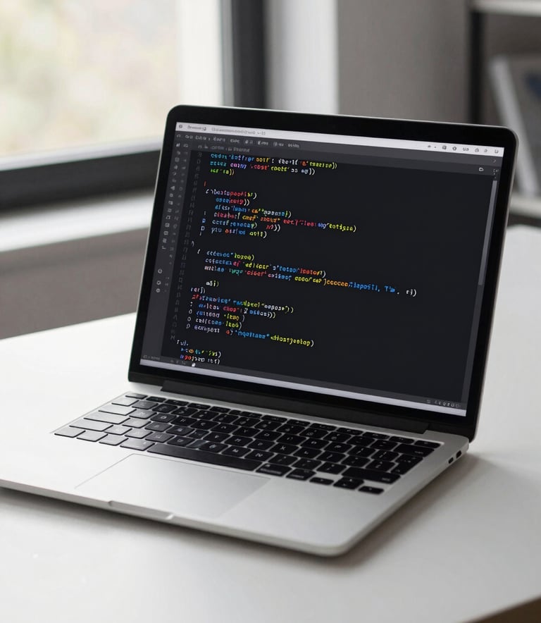 A sharp, high-resolution photograph of a high-end laptop screen displaying clean lines of CSS code. The device sits on a minimalist desk in a bright, modern Northamptonshire office. Natural window light creates a soft glow on the silver metal. Style is professional, realistic, and authentically British.