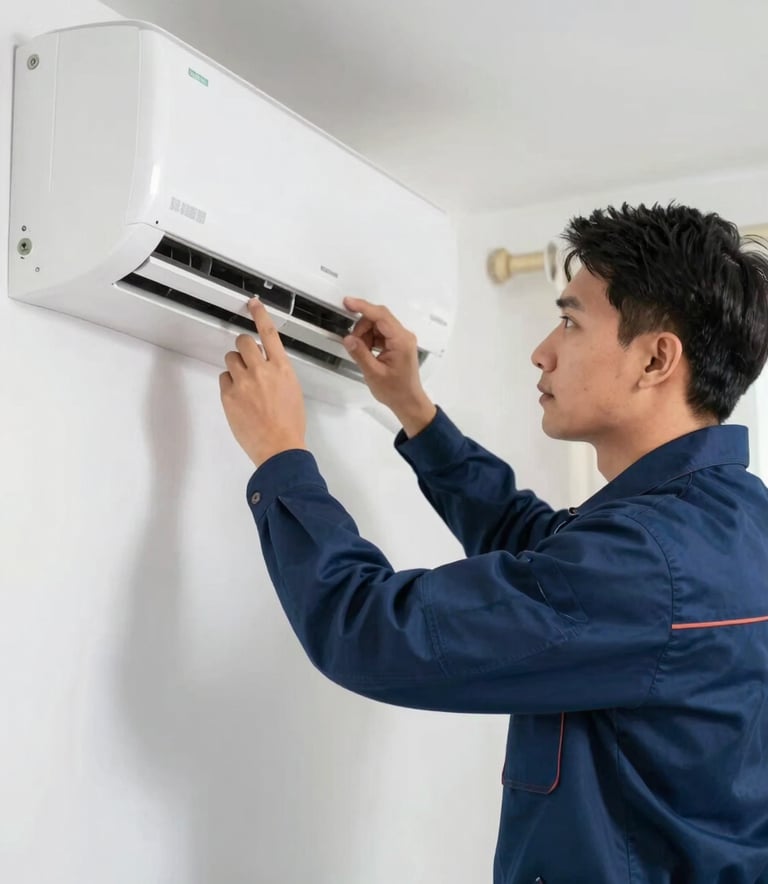 A professional AC technician in a clean navy blue uniform (#1A202C) carefully inspecting a modern white split AC unit mounted on a wall. Bright, clean indoor lighting, projecting expertise and precision. The scene is set in a contemporary Noida apartment.