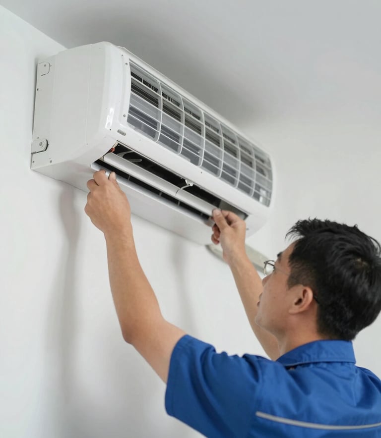 A technician carefully mounting a high-efficiency AC unit on a wall, showing precision and professional care, modern interior, palette includes #4A6D8C and #F5F7FA.