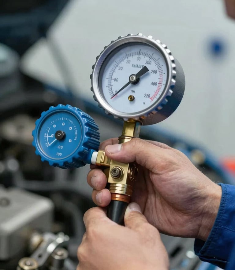 A close-up of a professional technician's hand using a manifold gauge to check pressure for AC gas filling, focused on the precise needle movement, clean environment, reflecting brand colors #4A6D8C and #8AA2B6.