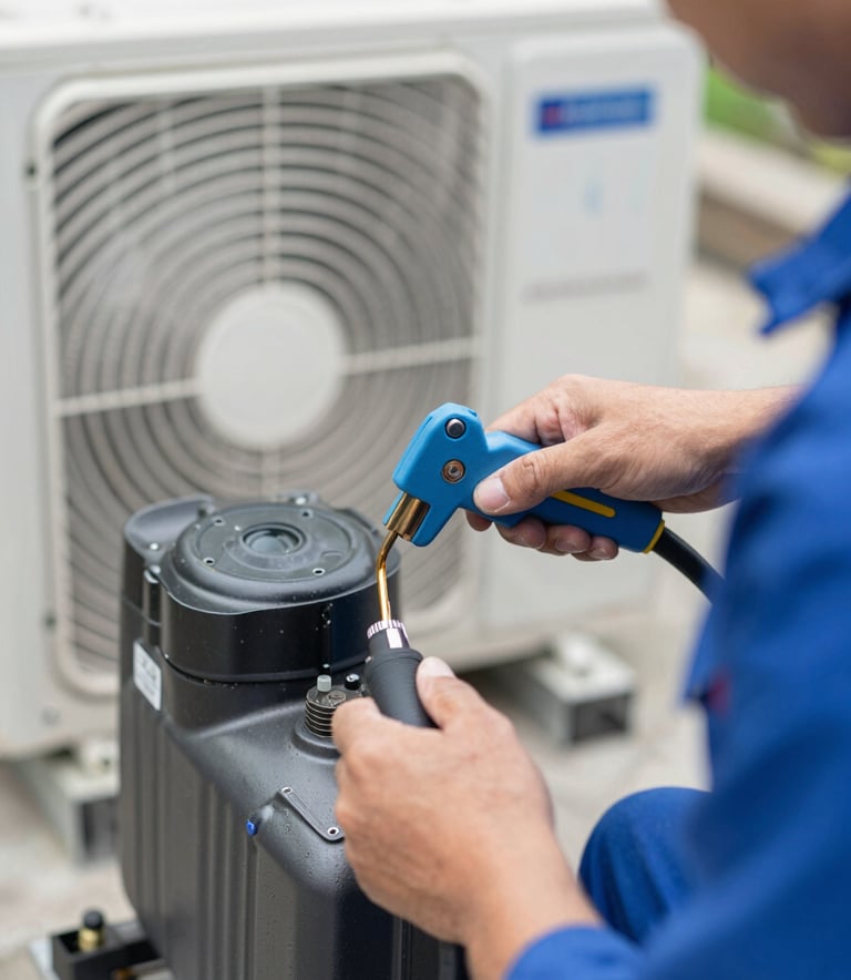 Close-up shot of a technician's hands using professional tools to service an outdoor AC compressor unit. The lighting is crisp daylight, highlighting the technical proficiency and reliable nature of the service. Brand colors #4A6D8C and #8AA2B6 are visible in the equipment.