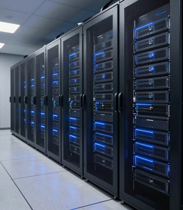 A clean and futuristic server room in a modern Brazilian data center with soft blue led lighting and polished floors, representing secure infrastructure.