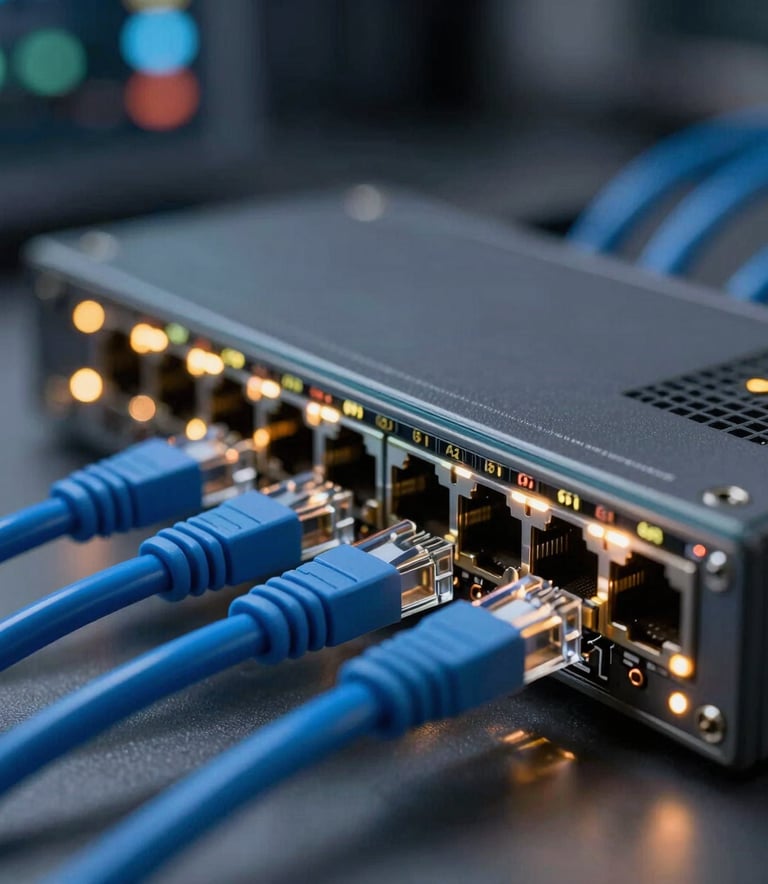 Macro photography of a high-speed networking switch with blinking lights and blue ethernet cables, conveying speed and connectivity in a professional Brazilian IT environment.