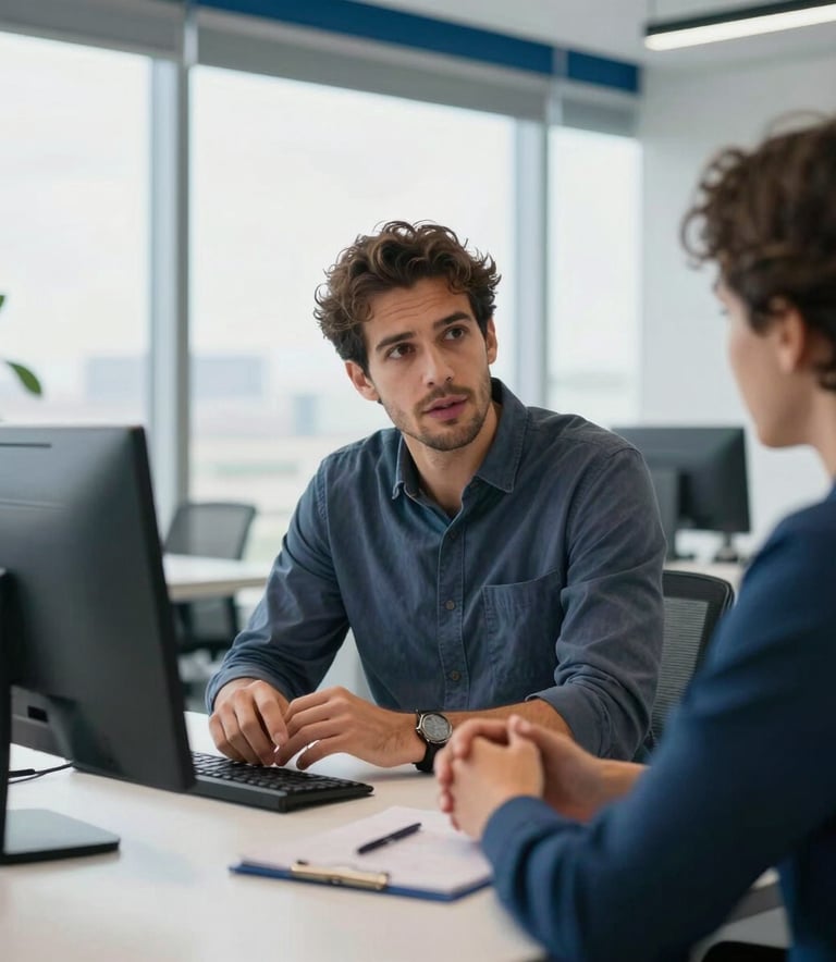 A professional Brazilian IT consultant in a modern sky blue and white themed office discussing digital transformation strategies with a client, natural daylight.