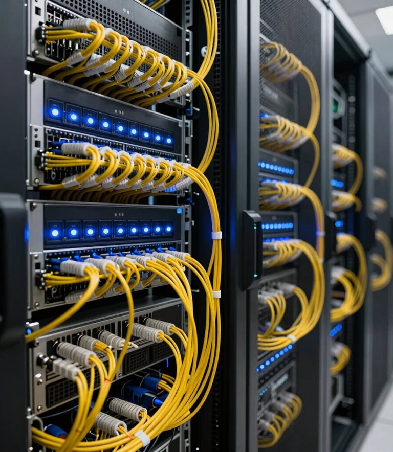 A detailed photography of a modern server room in a Brazilian corporate building, focusing on organized fiber optic cables and glowing blue LED indicators on high-tech hardware, wide shot, professional lighting.