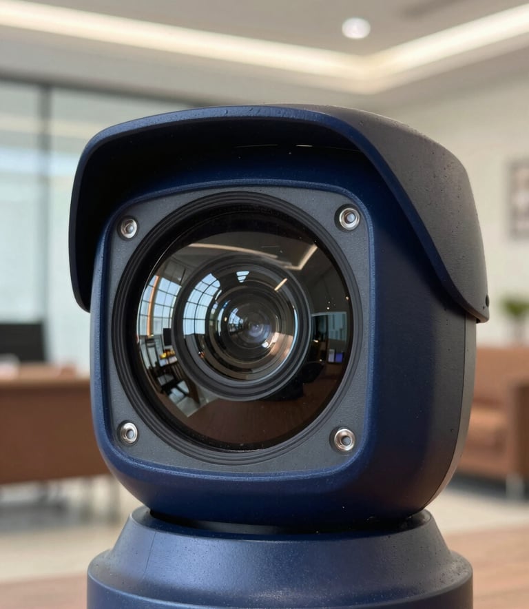 A detailed macro shot of a sophisticated dome camera lens reflecting a secure office environment. The camera body is a matte dark blue with high-quality finishes, set against a blurred background of a modern Indian home interior, professional lighting.