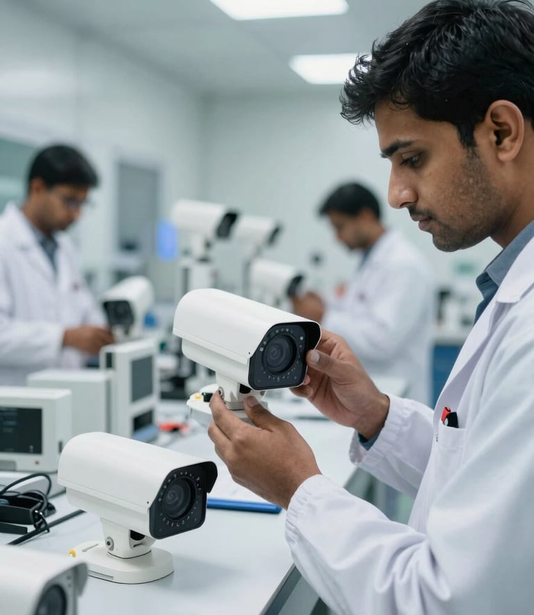 A high-tech cleanroom in India where technicians in white coats are assembling modern white CCTV cameras. The lighting is bright and clinical, emphasizing precision and global standard quality assurance.