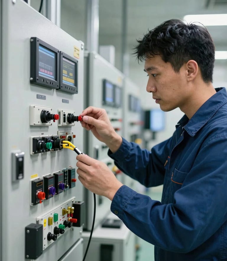 A focused North American / US industrial technician inspecting a high-tech connectivity sensor on a complex control panel in a clean, modern factory setting, cool white and steel gray lighting.