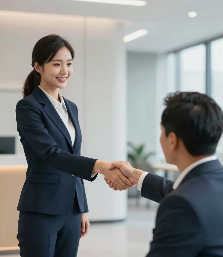 A professional recruitment agent shaking hands with a candidate in a modern corporate office lobby. The atmosphere should be confident and approachable, reflecting trust and success, incorporating brand colors like dark blue, light gray, and beige.