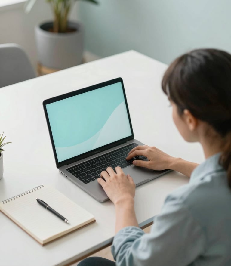 A high-angle shot of a modern professional sitting at a minimalist desk with a laptop and a notebook, bathed in soft morning light with accents of #476C8C and #DDE4EB in the decor.