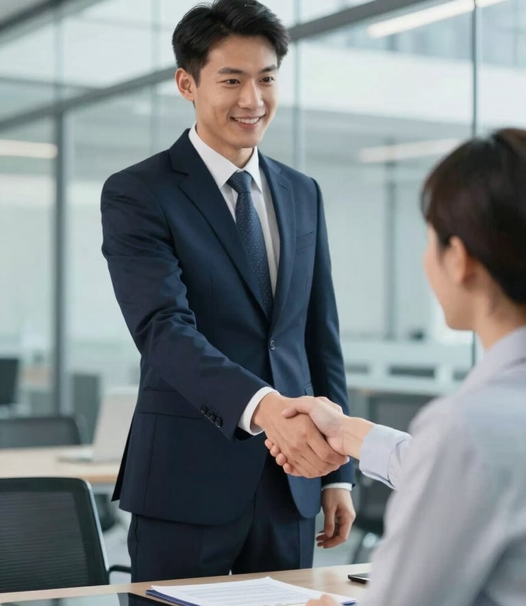 A professional recruiter in a dark navy suit shaking hands with a candidate in a bright, modern glass office, symbolizing a successful placement and trust.