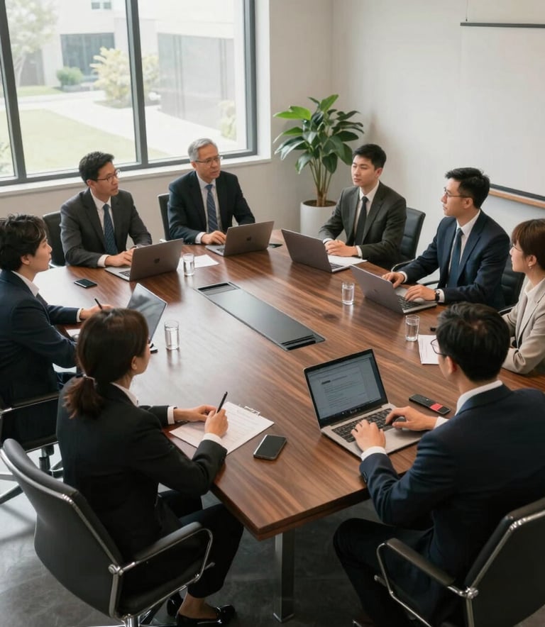 A high-angle, wide-angle shot of a bright, modern North American board room. A group of professionals in professional attire are engaged in a strategy meeting around a large dark wood table. Soft natural light from large windows. The scene exudes sophisticated collaboration and strategic intelligence.