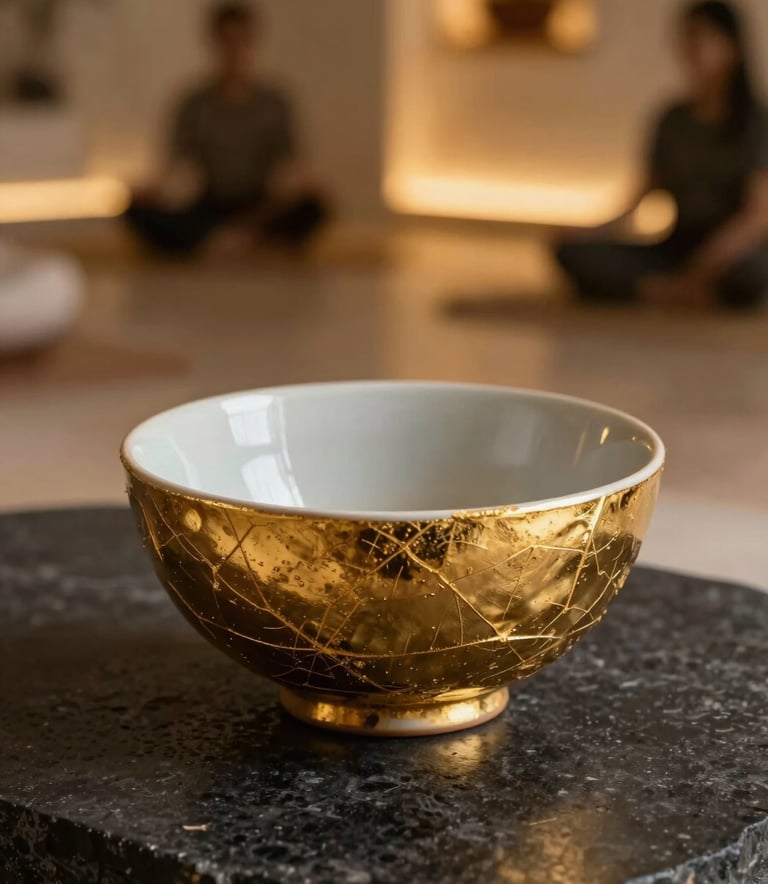 Detailed photography of a beautiful ceramic bowl repaired with gold lacquer in Kintsugi style, resting on a dark stone surface in a high-end Mexican meditation studio, warm golden lighting, elegant atmosphere.