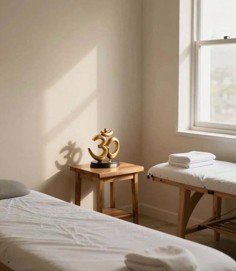 A sophisticated and serene therapy room in Latin America, featuring minimal wooden furniture, a small golden Om sculpture on a side table, soft natural light, and a warm, inviting professional atmosphere.