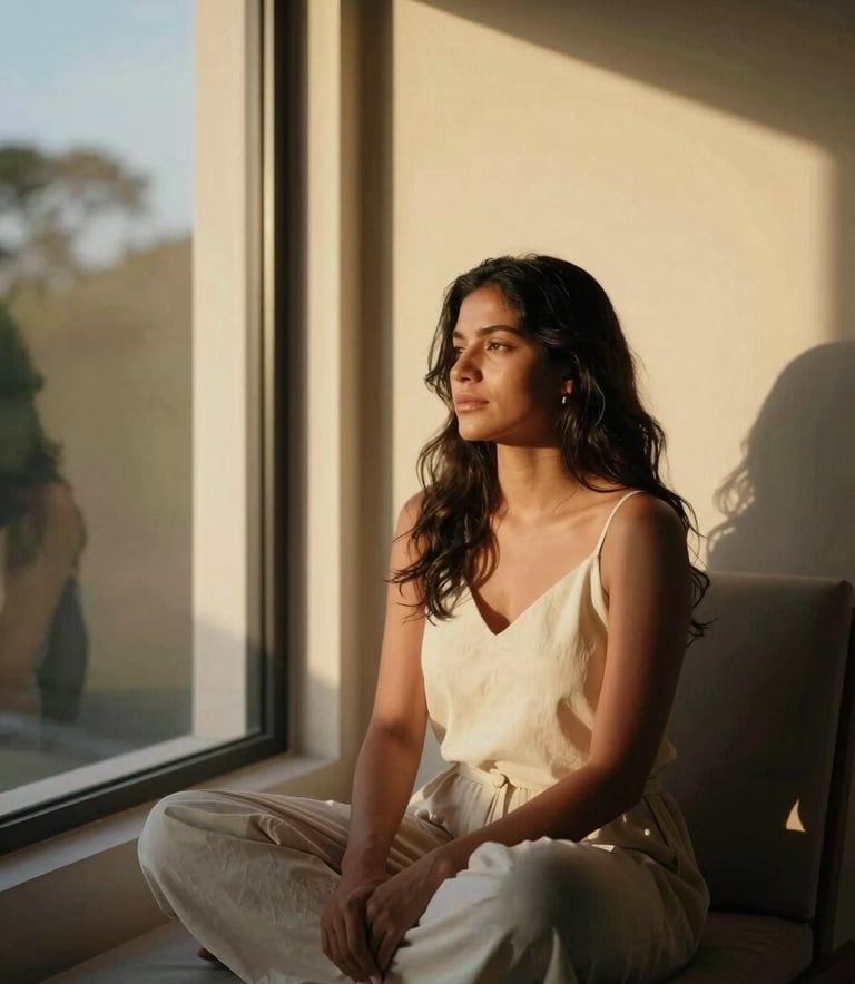 A serene photography of a Latin American woman in a contemplative and peaceful pose, sitting in a modern minimalist room with golden light streaming through a window, reflecting a mystical and sophisticated atmosphere.