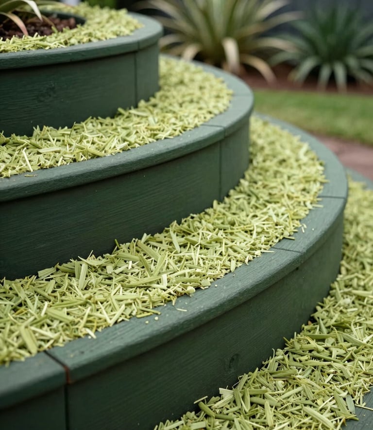 A professionally installed garden retaining wall with dark moss green timber sleepers and fresh light green mulch in a Oceanic / Australian (Victoria) backyard.