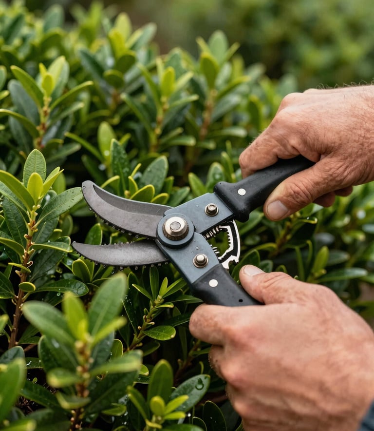 A close-up of a professional landscaper's hands using hedging tools on a vibrant dark green shrub in a Oceanic / Australian (Victoria) garden.