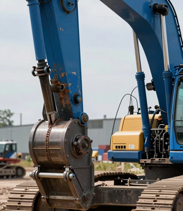 A close-up shot of a heavy excavator's hydraulic arm, focusing on the powerful Steel Blue metal and pistons, in a Eastern European / Russian industrial setting, bright daylight.