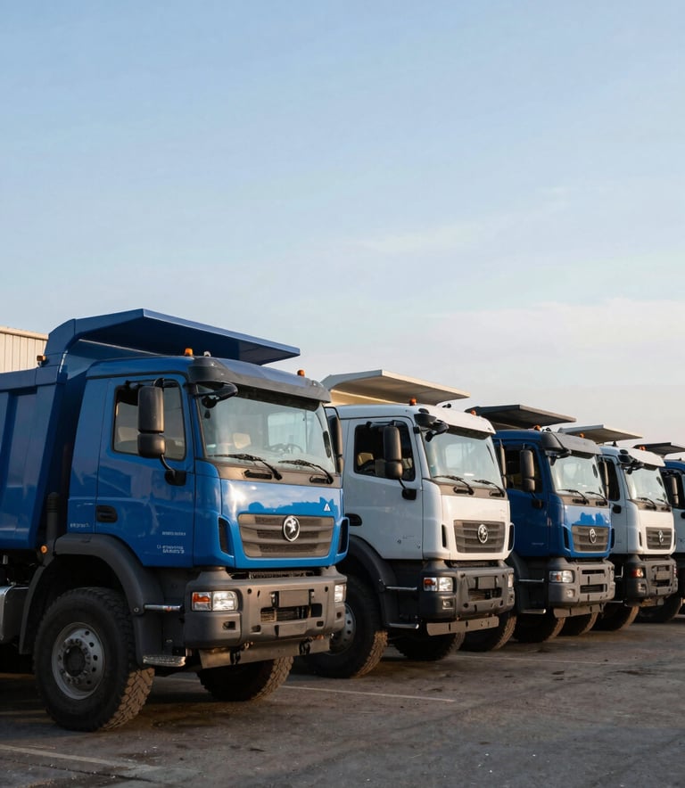 A line of new, clean heavy-duty dump trucks parked in a lot under a clear sky in a Eastern European / Russian industrial park, Dusty Blue and Steel Blue metallic reflections.