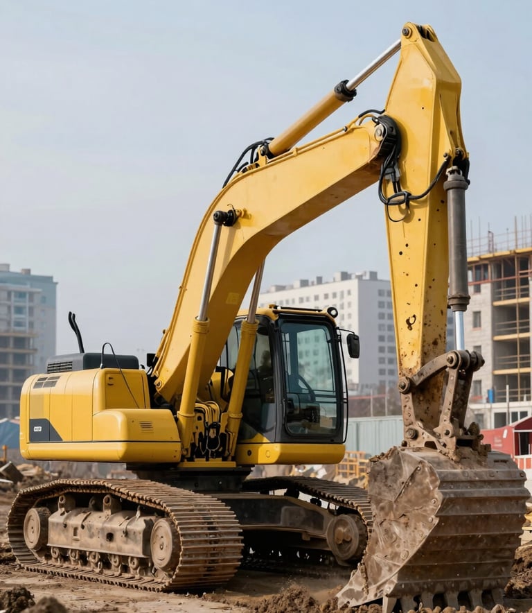 A powerful yellow crawler excavator digging earth at a modern construction site in an Eastern European / Russian city. The machinery looks robust and well-maintained. Background shows urban development under a pale ice blue sky.