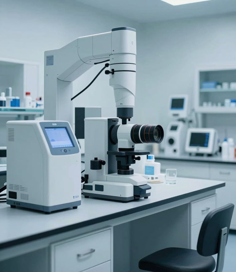 A wide-angle professional photograph of a modern North American / US medical laboratory with clean white surfaces, featuring high-end diagnostic equipment and soft lighting in pale blue and medium blue tones.