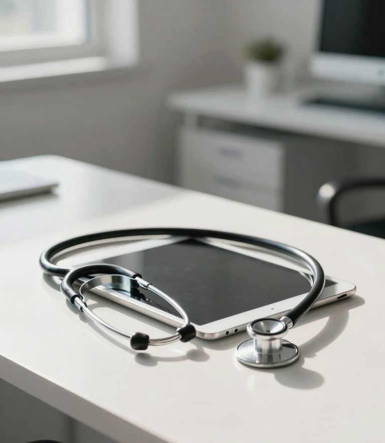 A bright and airy North American / US medical office setting with sunlight hitting a minimalist desk where a professional tablet and stethoscope sit, highlighting a clean and sophisticated healthcare environment.
