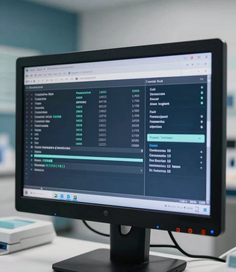 A close-up of a high-resolution medical monitor displaying secure patient data in a bright, modern North American clinic. The lighting is crisp and professional, with soft deep navy accents in the background.