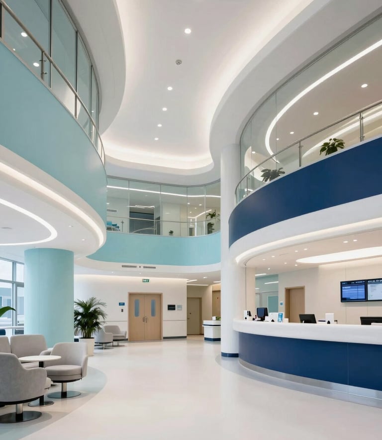 A wide shot of a modern, clean medical facility lobby in the US, featuring innovative architectural lines and a bright, sophisticated atmosphere with a palette of pale blue and deep navy.