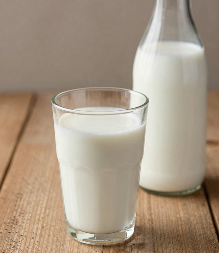 Close-up photography of a fresh glass of milk and a glass bottle on a rustic wooden table, soft morning light, warm beige and muted taupe brown color palette.