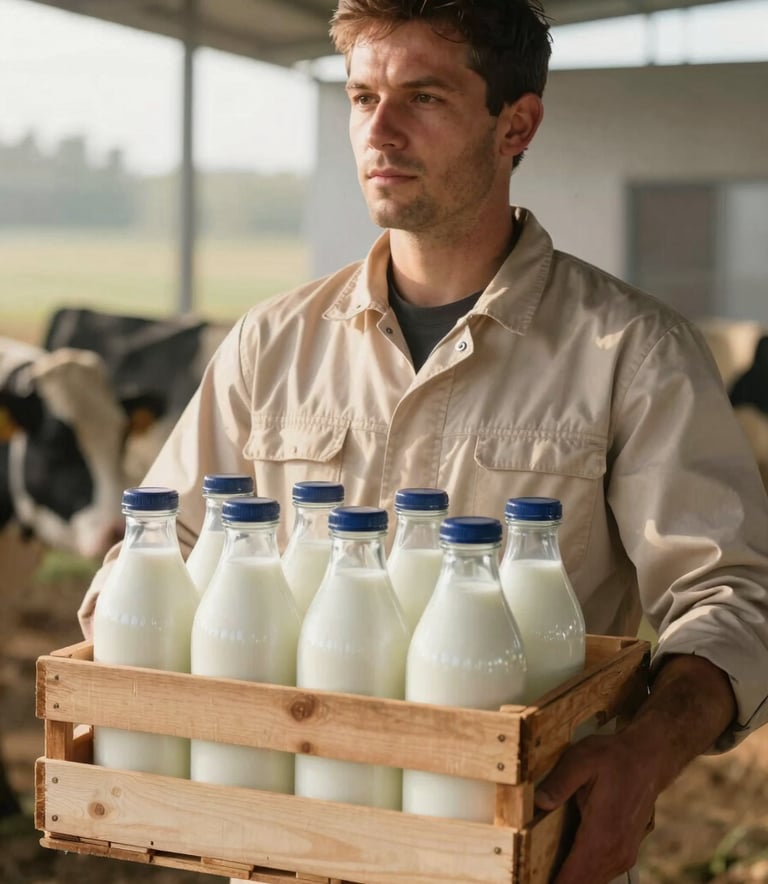 A professional dairyman in a clean warm beige uniform holding a wooden crate of fresh glass milk bottles, early morning sunlight, soft off-white and muted taupe brown tones.