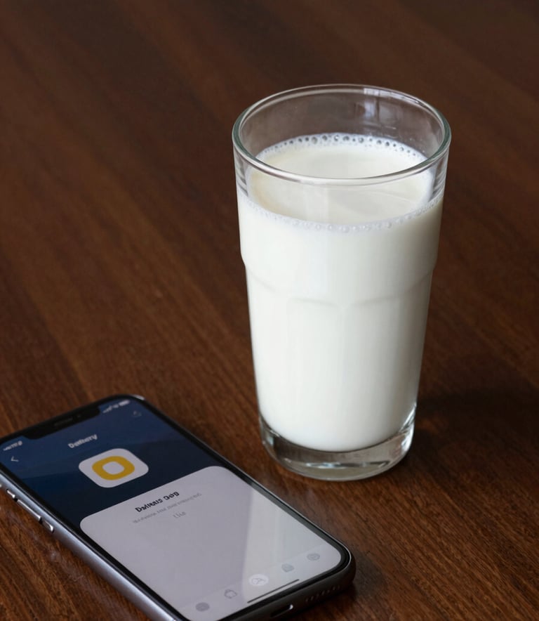 A close-up photograph of a fresh glass of milk on a deep espresso brown wooden table next to a smartphone showing a delivery notification. The lighting is clean and minimalist.