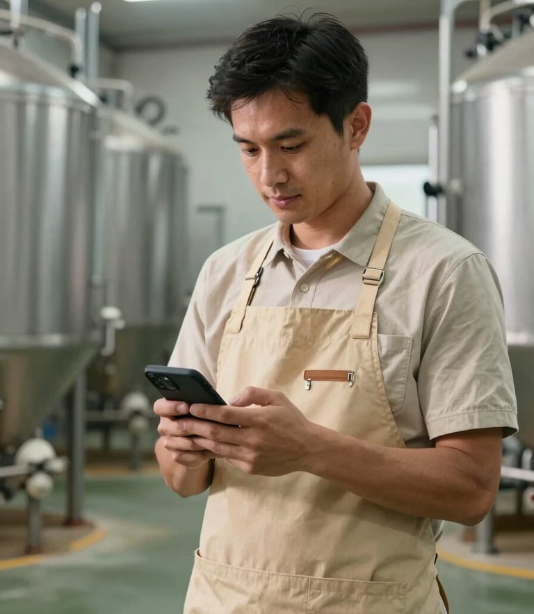 A professional dairyman in a warm sand beige apron using a smartphone in a bright, modern milk processing facility. The lighting is clean and professional.