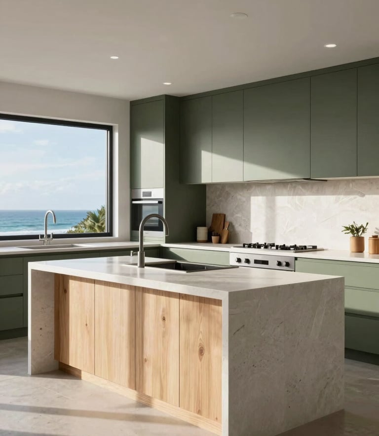A wide-angle professional photograph of a stunning, modern kitchen in an Oceanic / New Zealand residence. Features include a clean white stone island, light timber accents, and sophisticated olive green cabinetry under soft, natural sunlight.