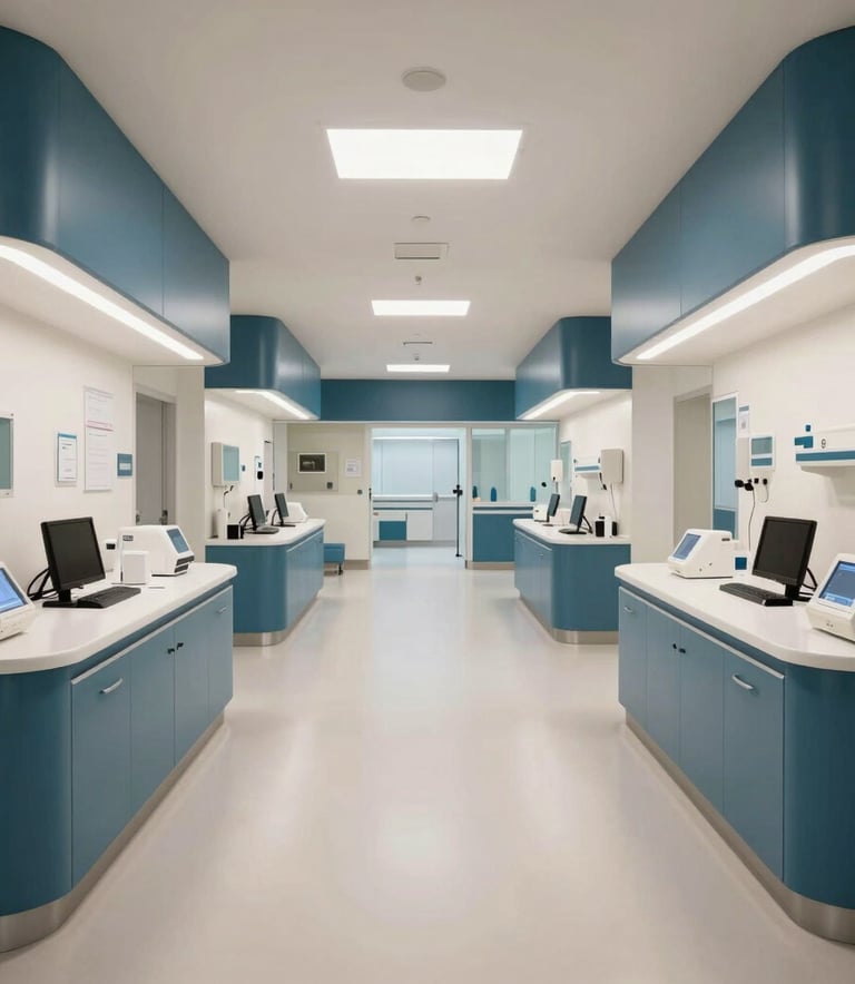 Photography of a clean, state-of-the-art medical facility interior. Wide angle showing organized nursing stations and bright, wide hallways in a modern Brazilian hospital, using a palette of dark blue and off-white.