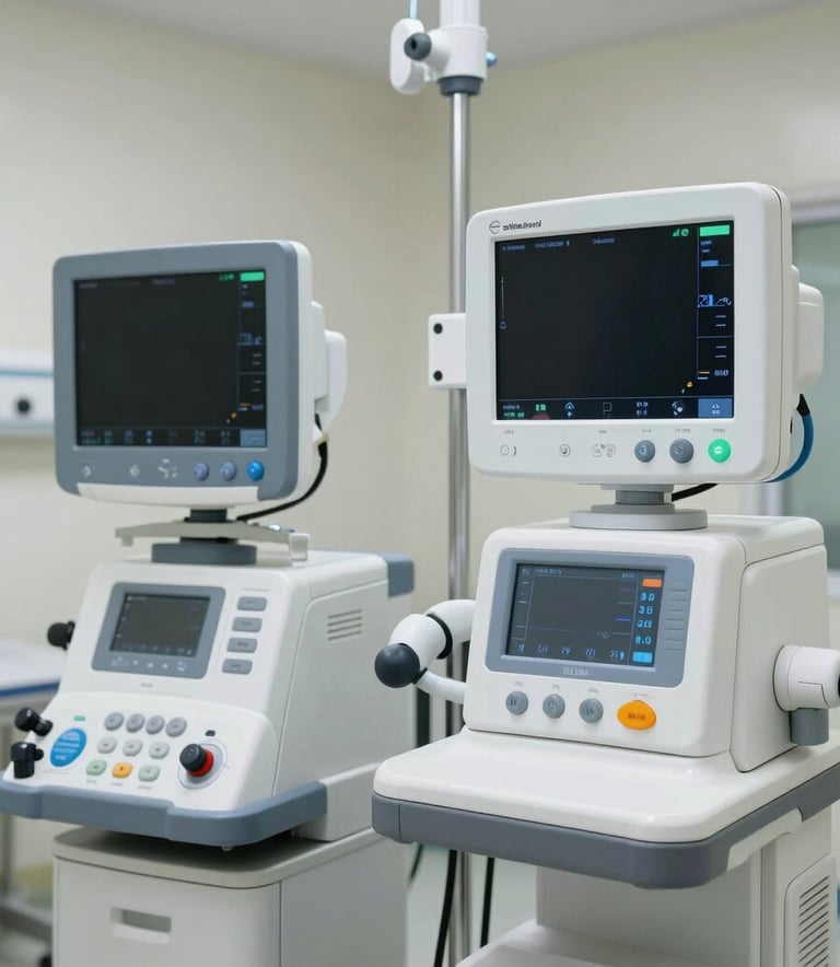 Detailed view of advanced, modern medical monitoring equipment in a quiet, clean hospital room. The lighting is bright and professional, suggesting a high-tech and reliable medical environment in a Brazilian facility.
