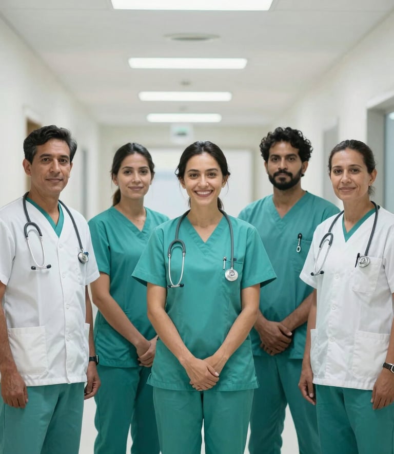 A professional group of healthcare workers in teal and white uniforms standing in a bright, modern hospital corridor in South America. The composition is clean and organized, with soft overhead lighting and a reliable, trustworthy atmosphere.