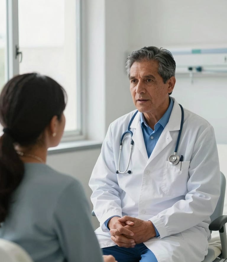 A professional and compassionate South American doctor speaking with a patient in a bright, modern hospital room. The environment is clean and reassuring, with soft natural light coming from a large window, conveying a sense of trust and quality care.