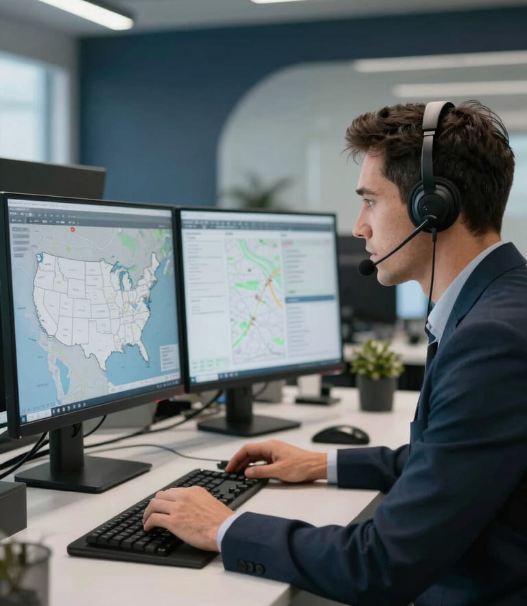 A professional logistics expert in a modern office, wearing a headset and looking at a digital map of the United States on multiple monitors. The lighting is clean and professional with accents of dark navy and light blue-grey in the office decor.
