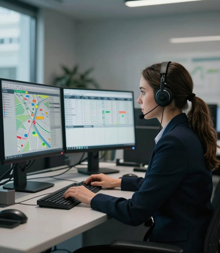 A professional female dispatcher in a modern, clean office space with Dark Navy furniture. She is looking at several large monitors displaying complex logistics maps and freight schedules. The room is filled with soft light and Muted Blue-Grey accents.