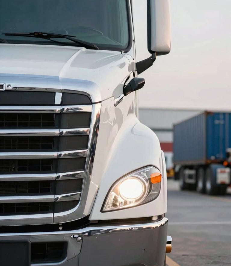 A close up photography of a modern semi-truck's gleaming chrome grill and powerful headlights. The surrounding environment is a blurred logistics hub with Soft Off-white and Steel Blue tones in the background, emphasizing precision and strength.